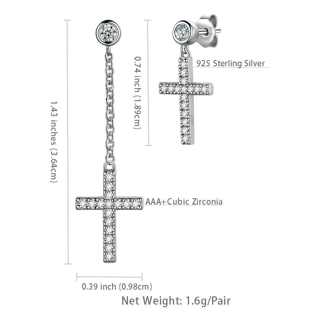 Classic Asymmetry Small Cross Earrings Women Mens Jewelry Sterling Silver