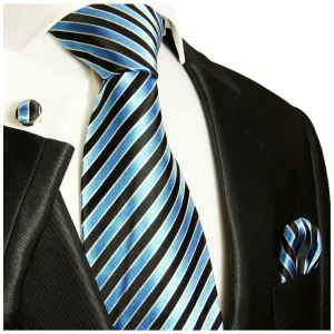 Cyan Blue and Black Striped Silk Tie Set