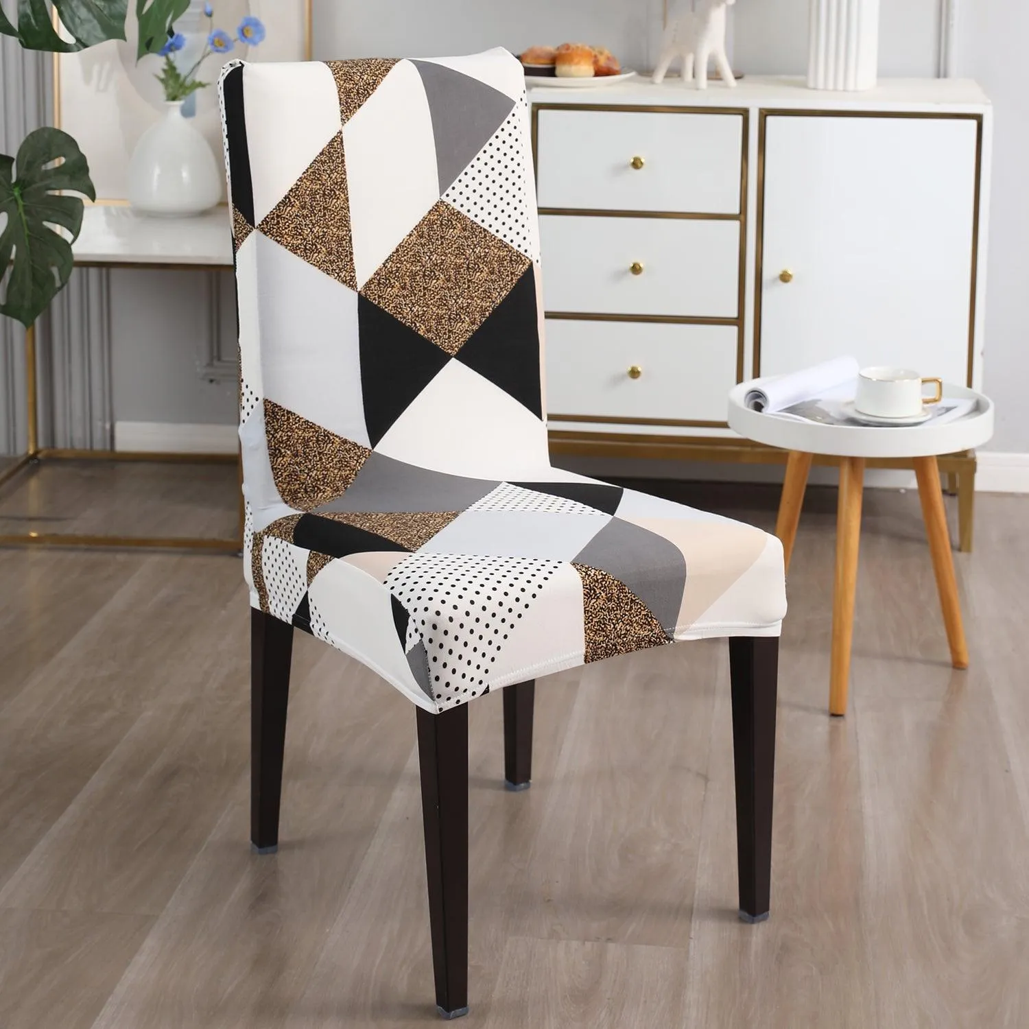 Elastic Stretchable Dining Chair Cover, Grey Brown Geometric