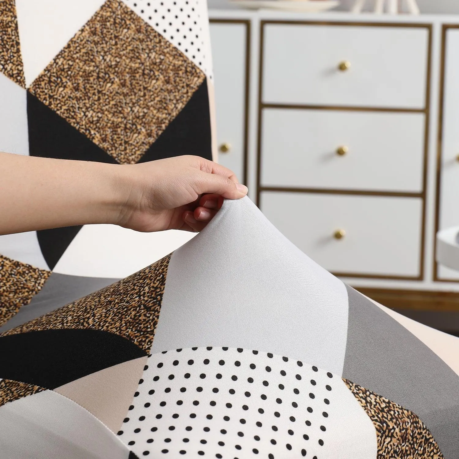 Elastic Stretchable Dining Chair Cover, Grey Brown Geometric