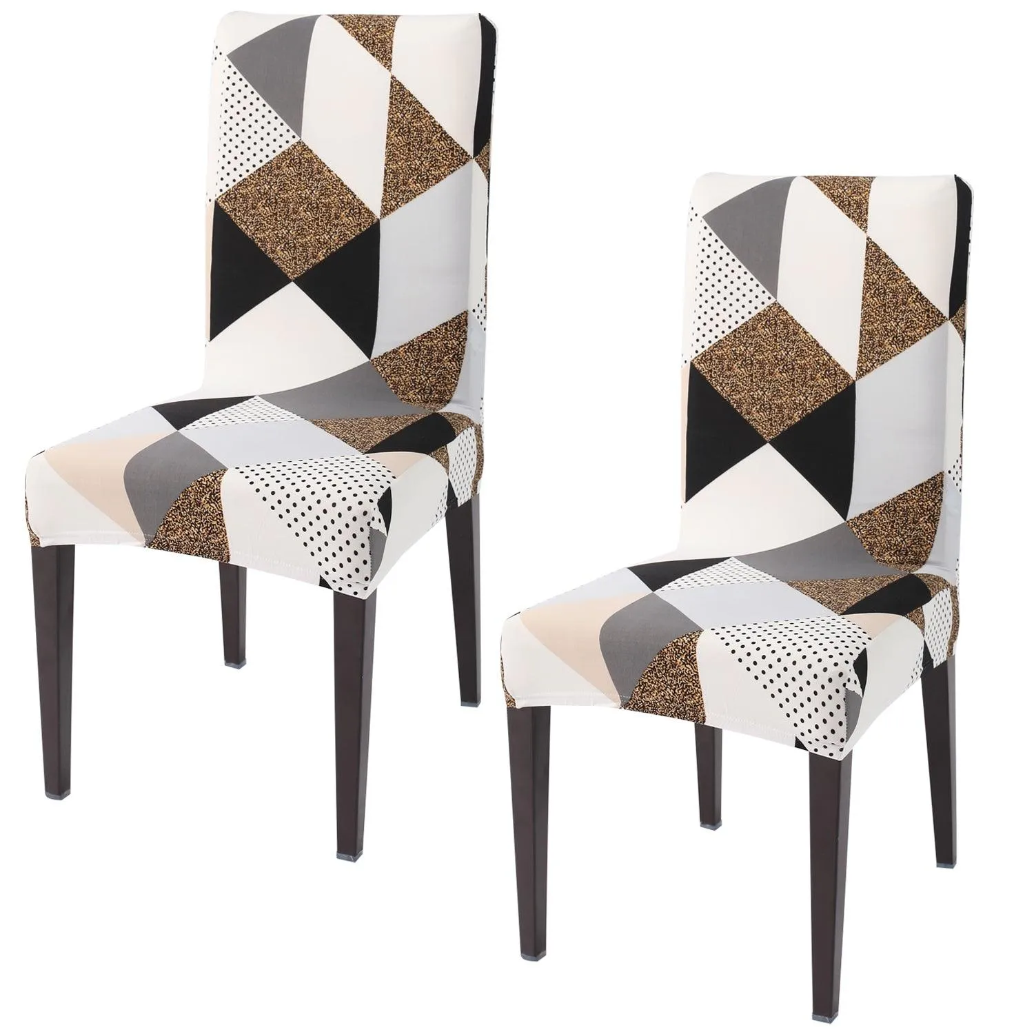 Elastic Stretchable Dining Chair Cover, Grey Brown Geometric