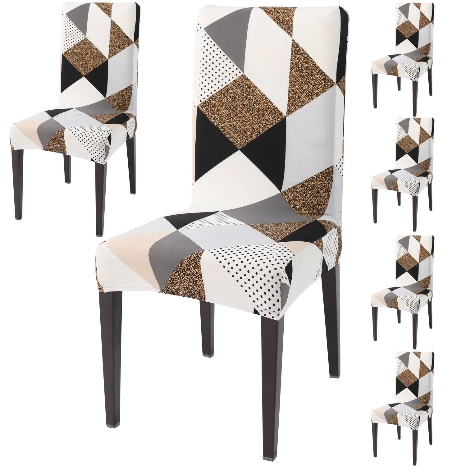 Elastic Stretchable Dining Chair Cover, Grey Brown Geometric