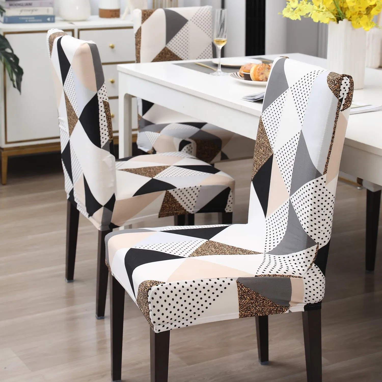 Elastic Stretchable Dining Chair Cover, Grey Brown Geometric