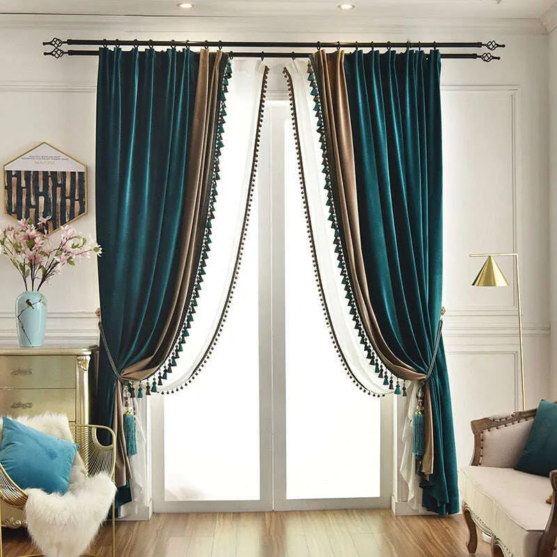 Ethan American Spliced Luxury Velvet Curtains: Peacock Green-Cedar Gray