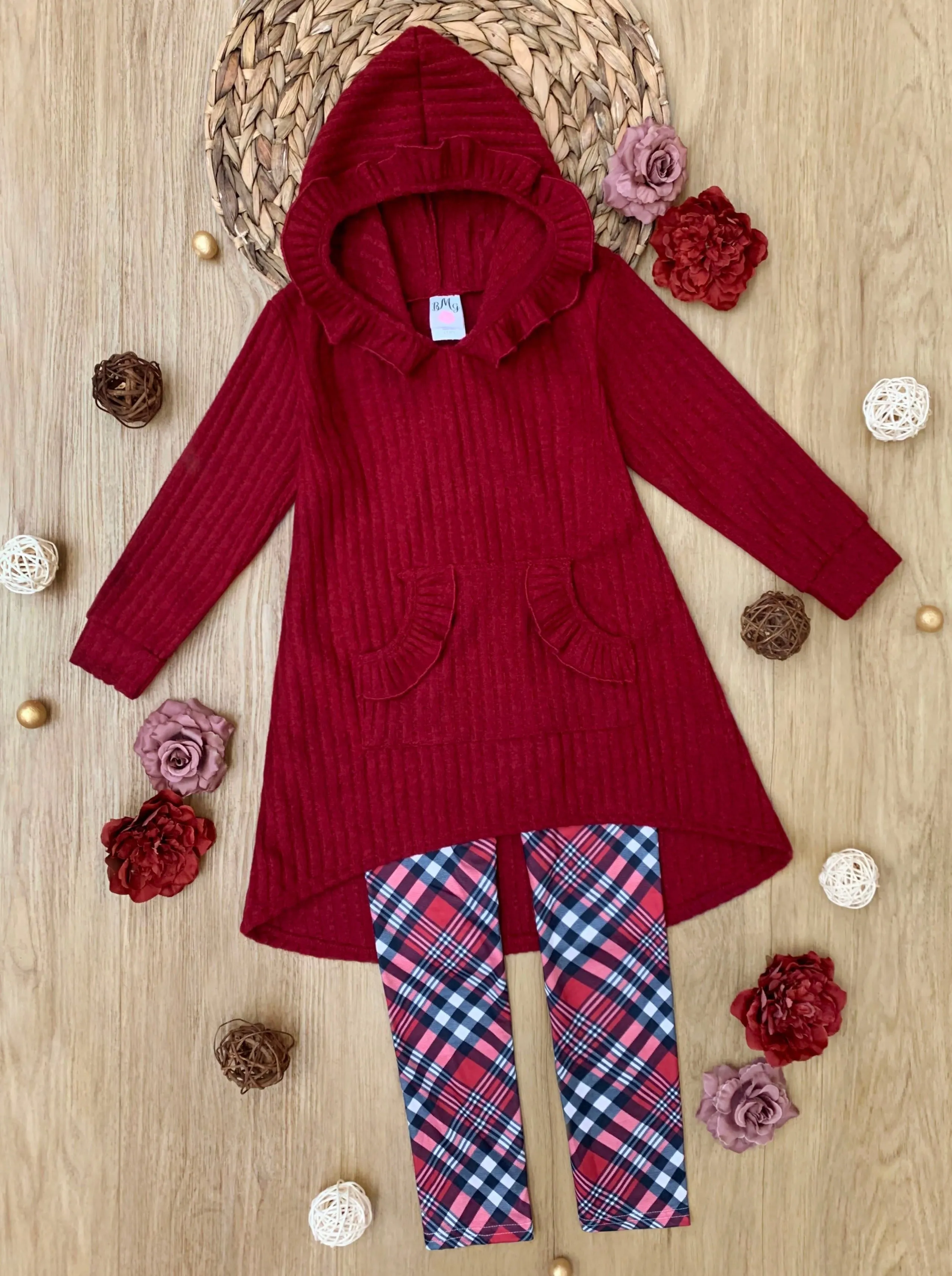 Festive Plaid Girls Hooded Tunic And Legging Set