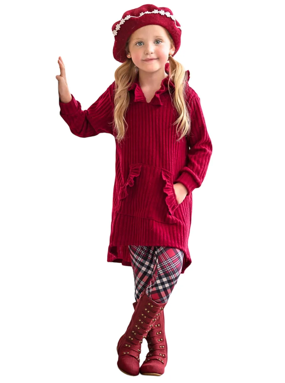 Festive Plaid Girls Hooded Tunic And Legging Set