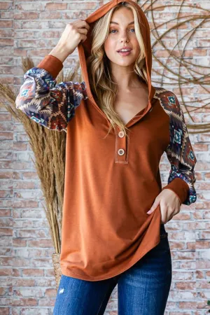 Full Size Half Button Printed Long Sleeve Hooded Top