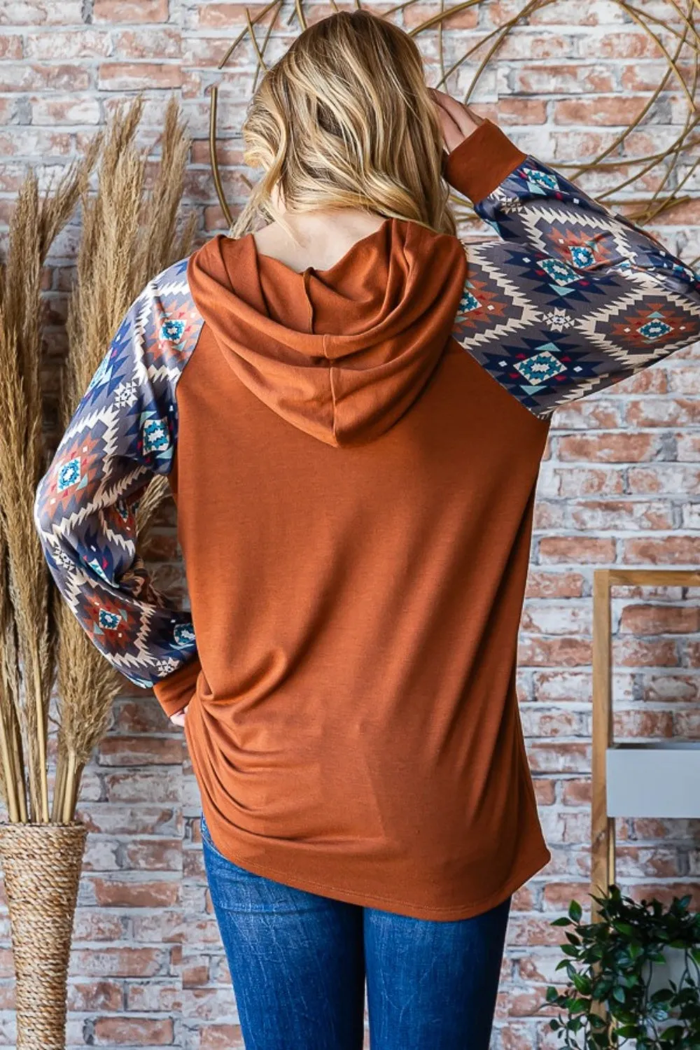 Full Size Half Button Printed Long Sleeve Hooded Top