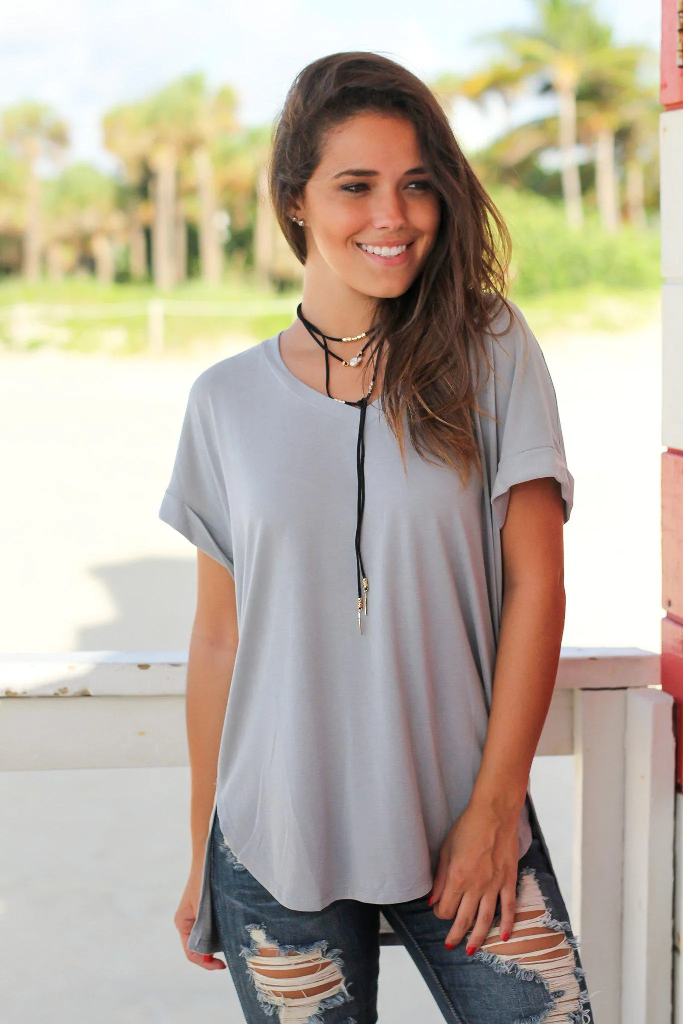 Gray V-Neck Top with Pocket