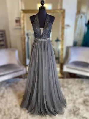 kamahe Gray v neck tulle beads long prom dress, gray tulle formal dress