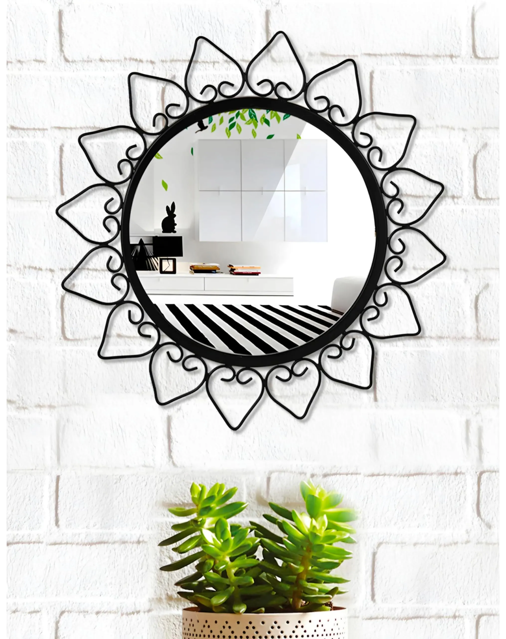 MAXXINN Modern Desing Round Wall Mirror Metal Studded Frame Wall Hanging/Iron Wall Mounted Perfect for Living Room, Bathroom, Bedroom, Wall Decor (Medium, 2)