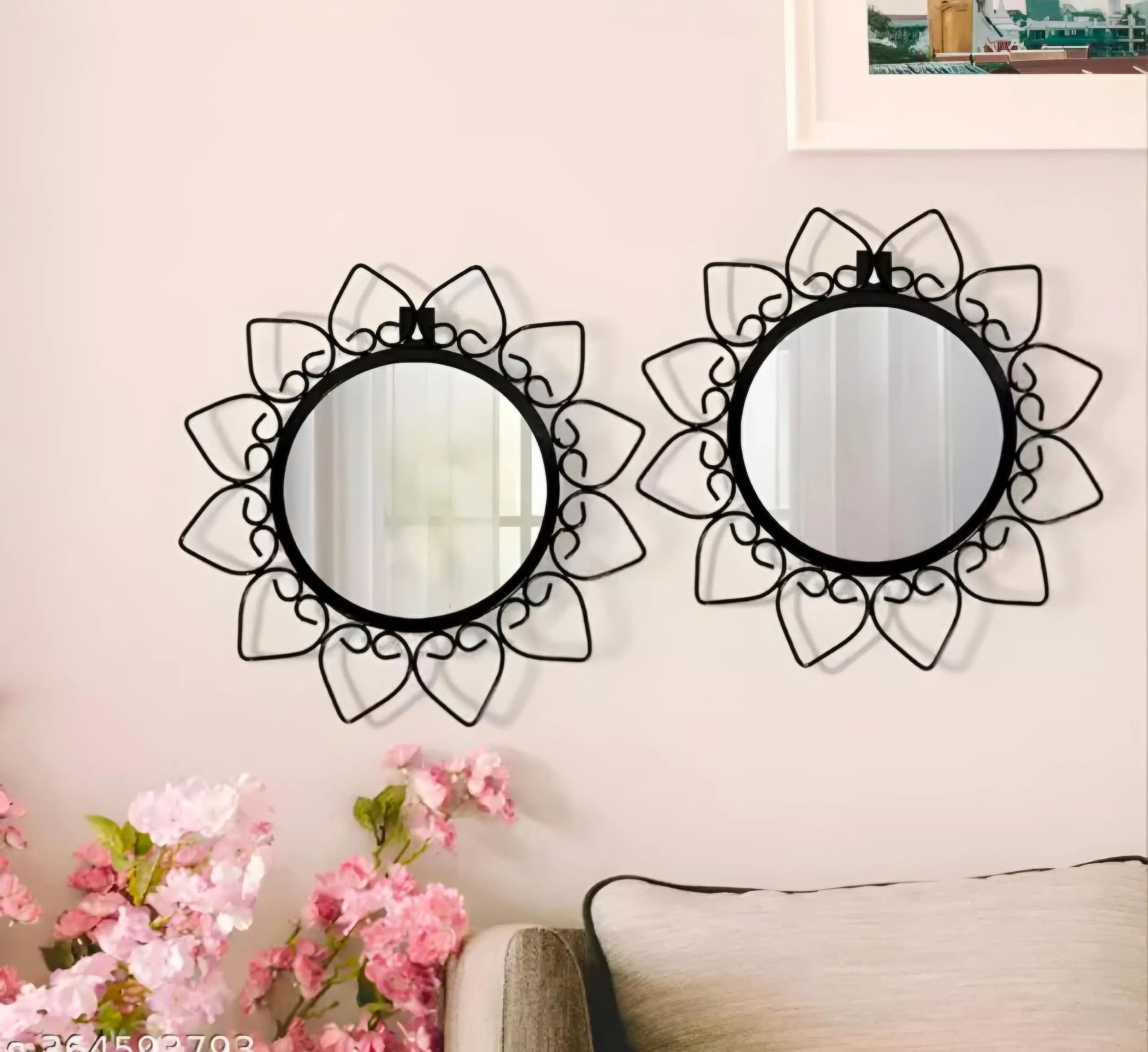 MAXXINN Modern Desing Round Wall Mirror Metal Studded Frame Wall Hanging/Iron Wall Mounted Perfect for Living Room, Bathroom, Bedroom, Wall Decor (Medium, 2)