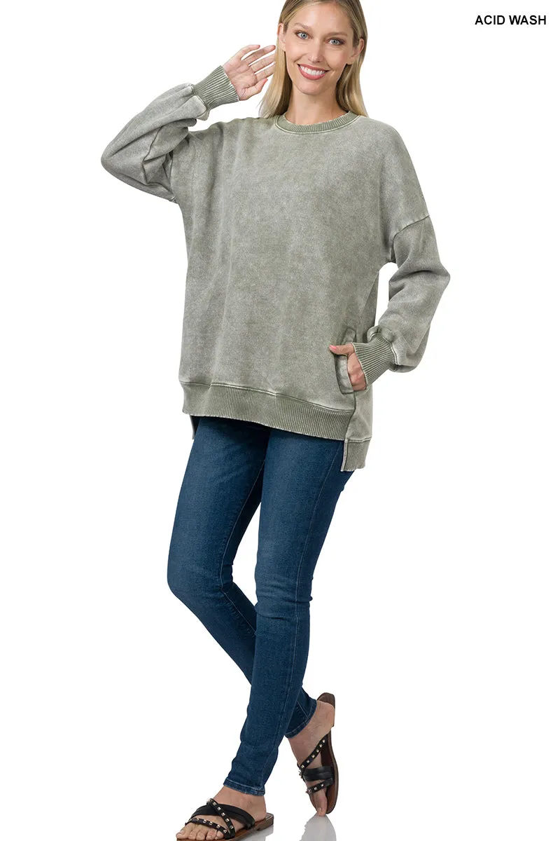 Olive Acid Wash Hi-Low Fleece Pullover