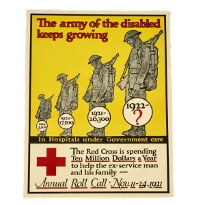 Original U.S. 1921 The Army of the Disabled Keeps Growing - Red Cross Roll Call Poster