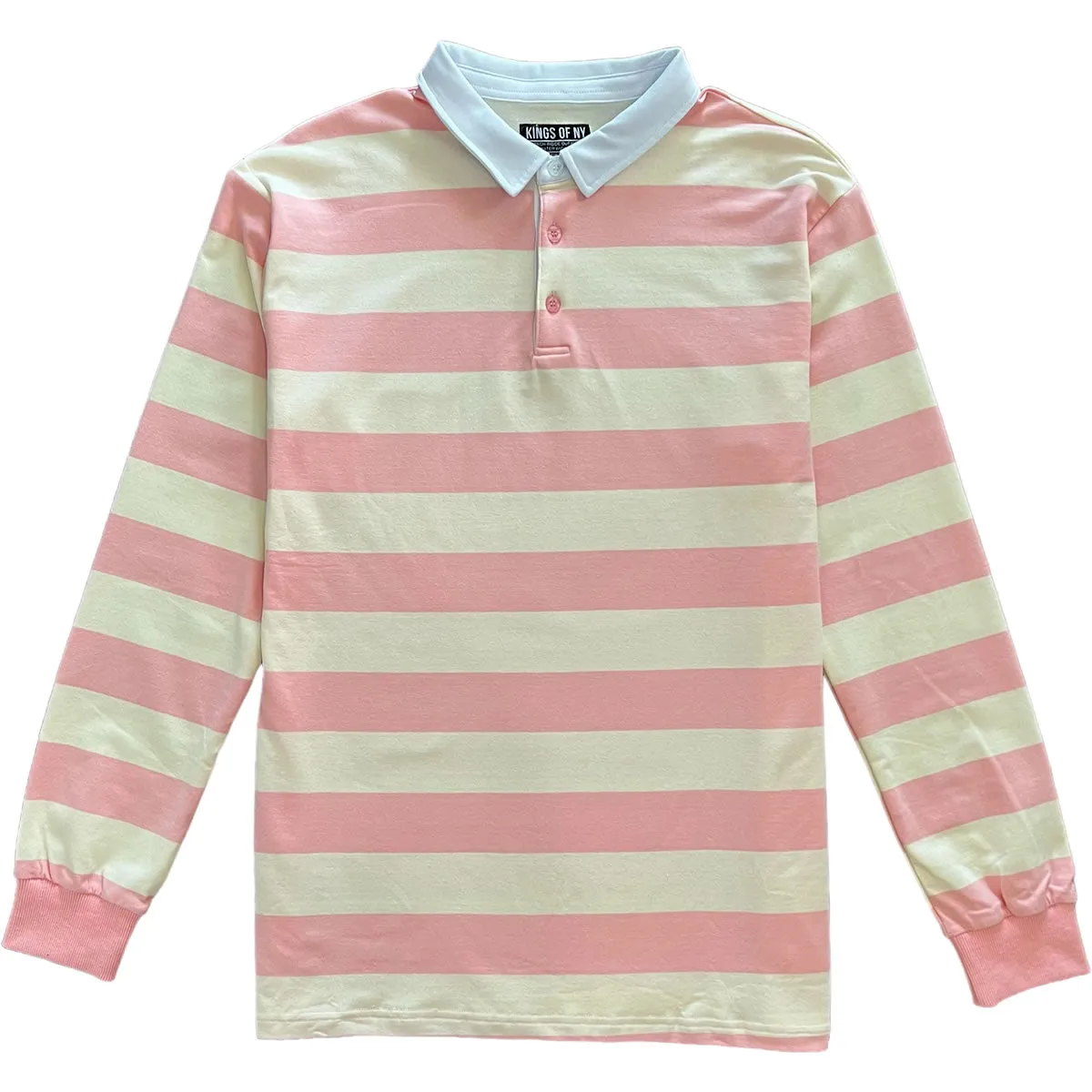 Pink And Beige Striped Mens Long Sleeve Rugby Shirt