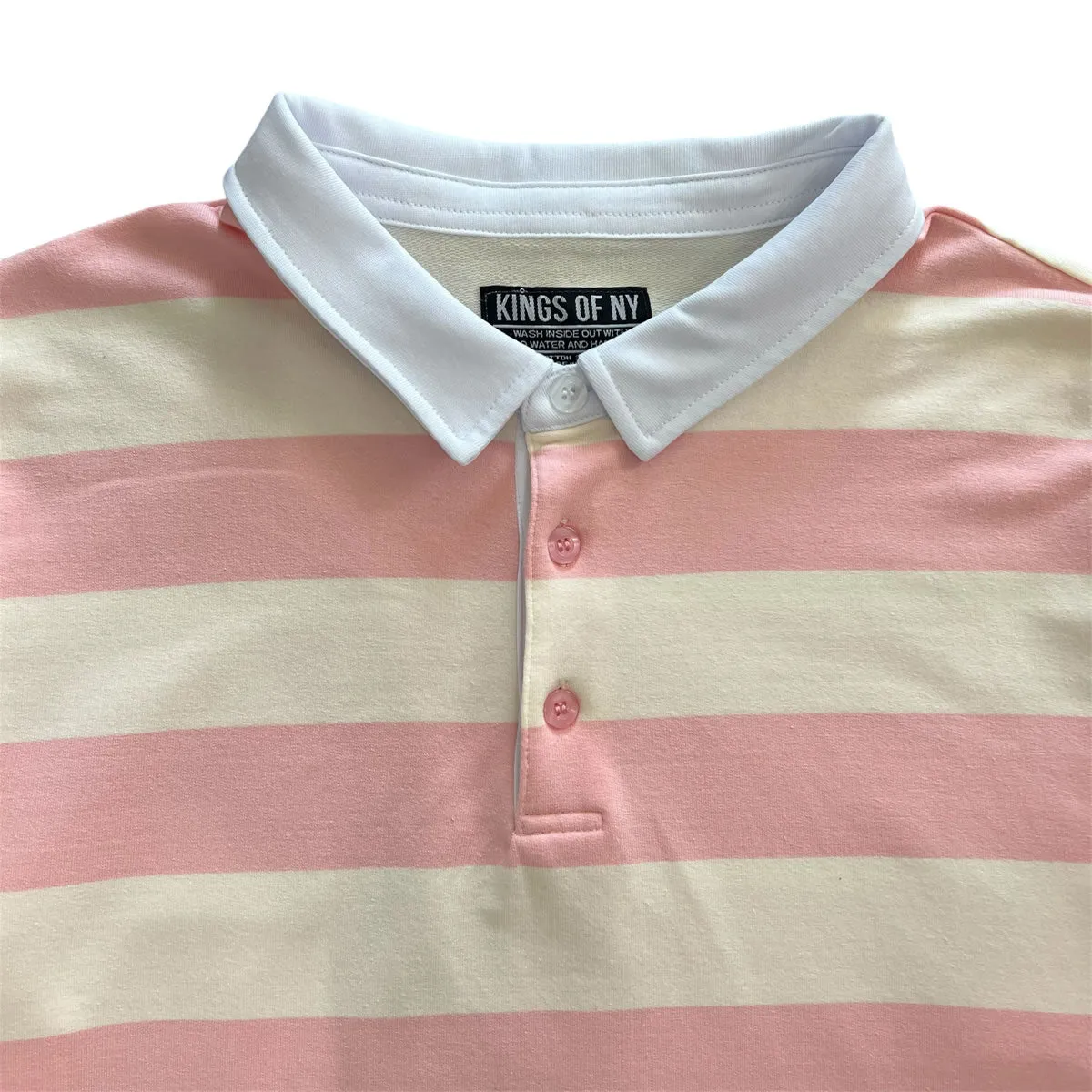 Pink And Beige Striped Mens Long Sleeve Rugby Shirt