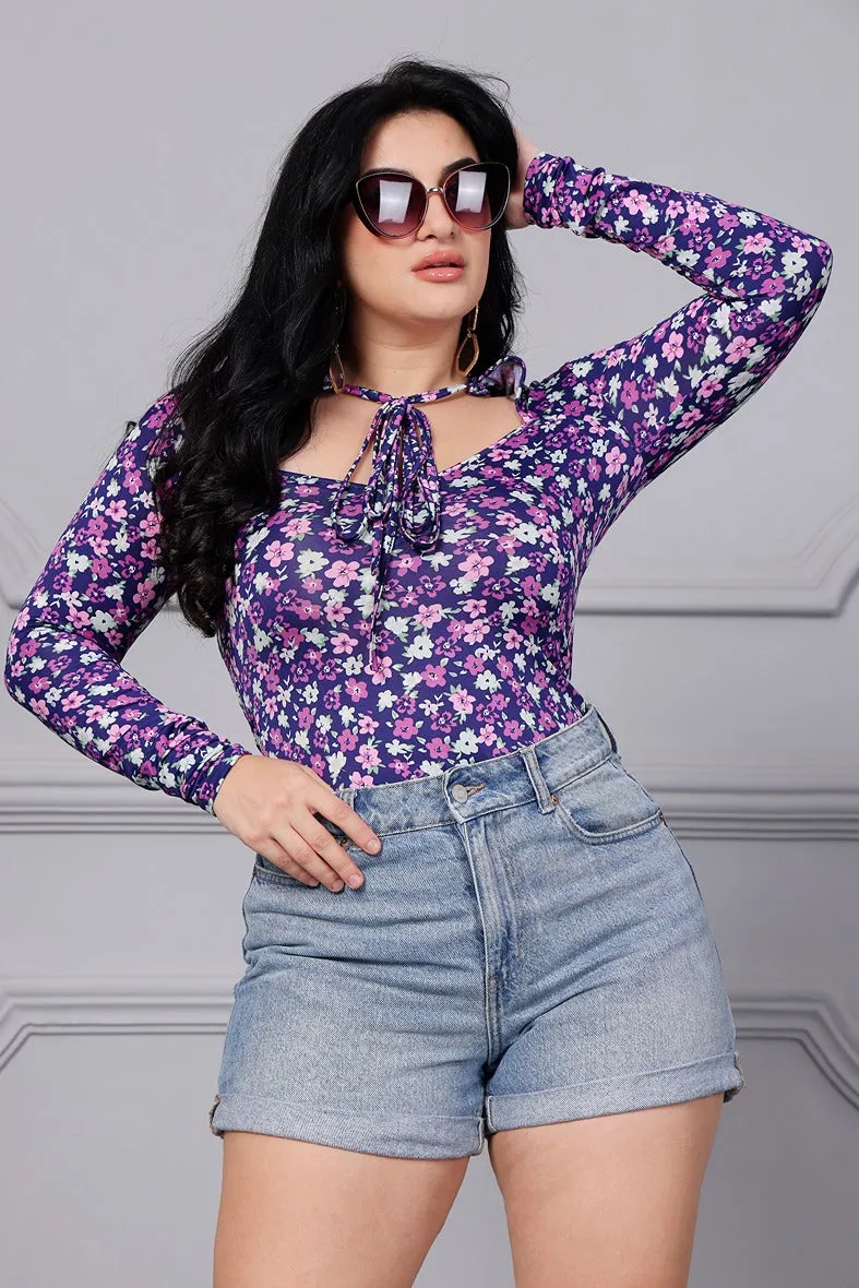 Purple Floral Printed Bodysuit