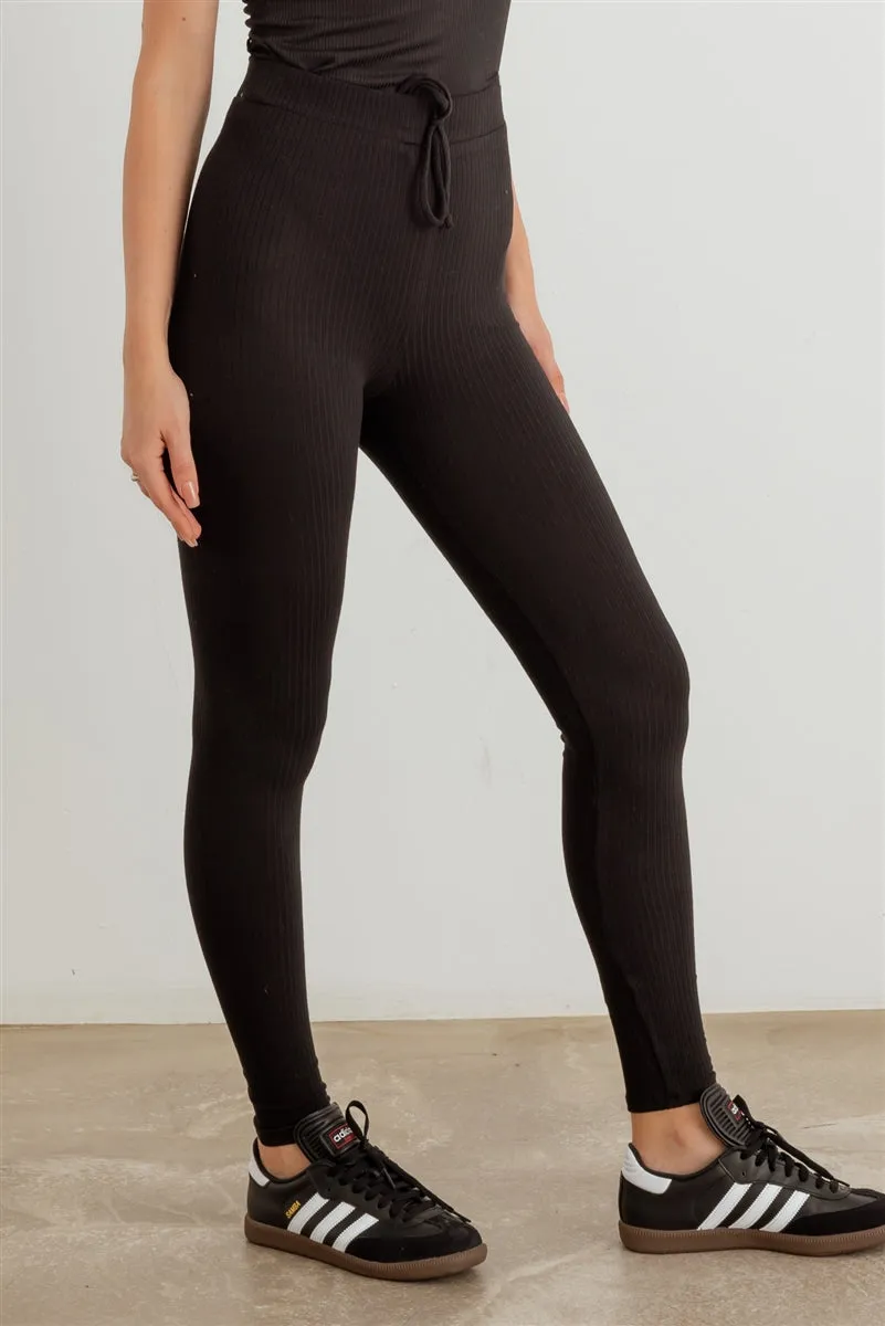 Ribbed High Waist Drawstring Leggings - 2 colors