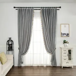 Rémy Luxury European Pompom Lace Velvet Curtains - Light Gray