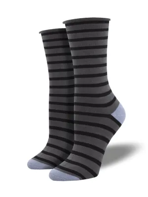 Roll Top Sailor Stripe (Charcoal/Black) Bamboo Women's Crew Socks