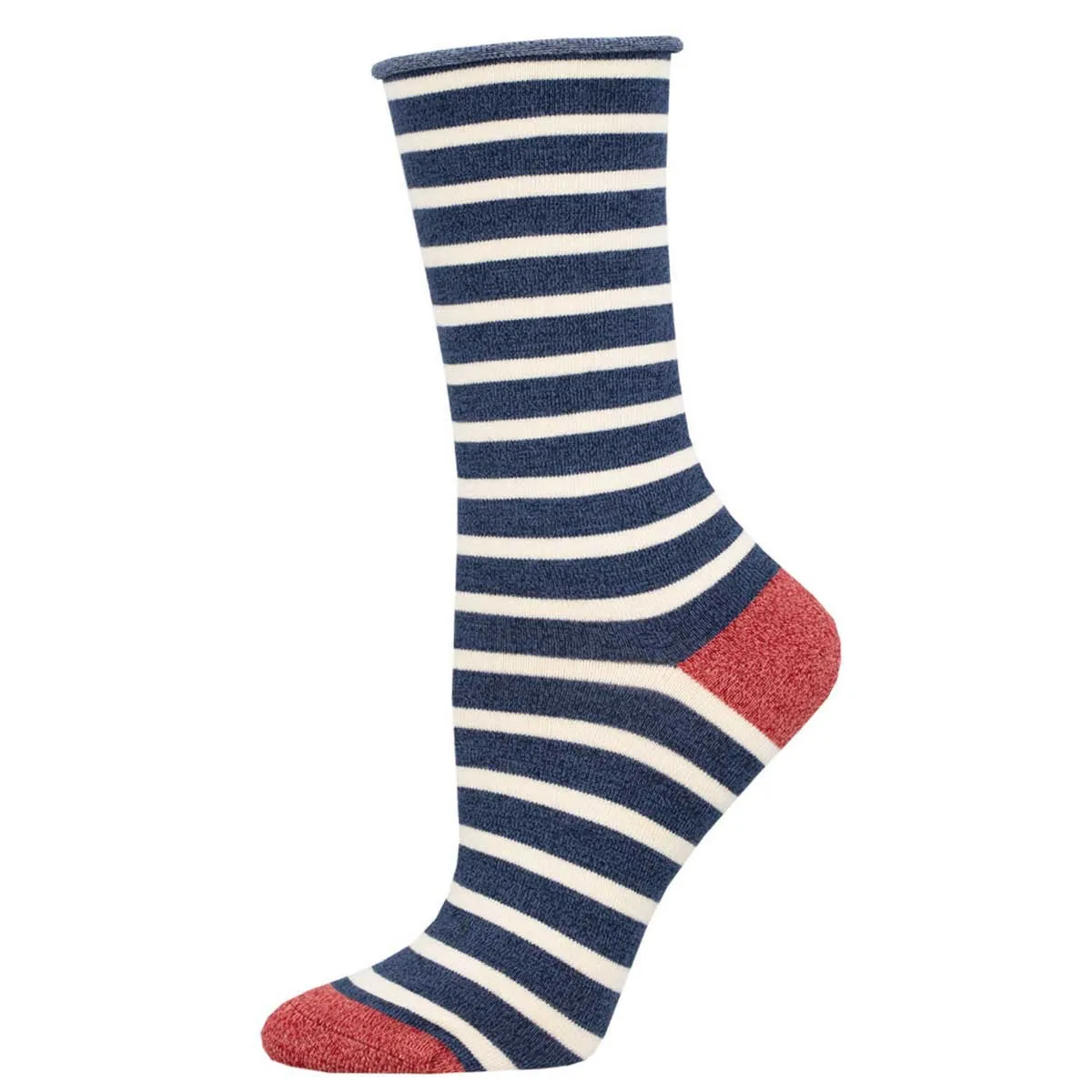 Roll Top Sailor Stripe (Navy/Ivory) Bamboo Women's Crew Socks