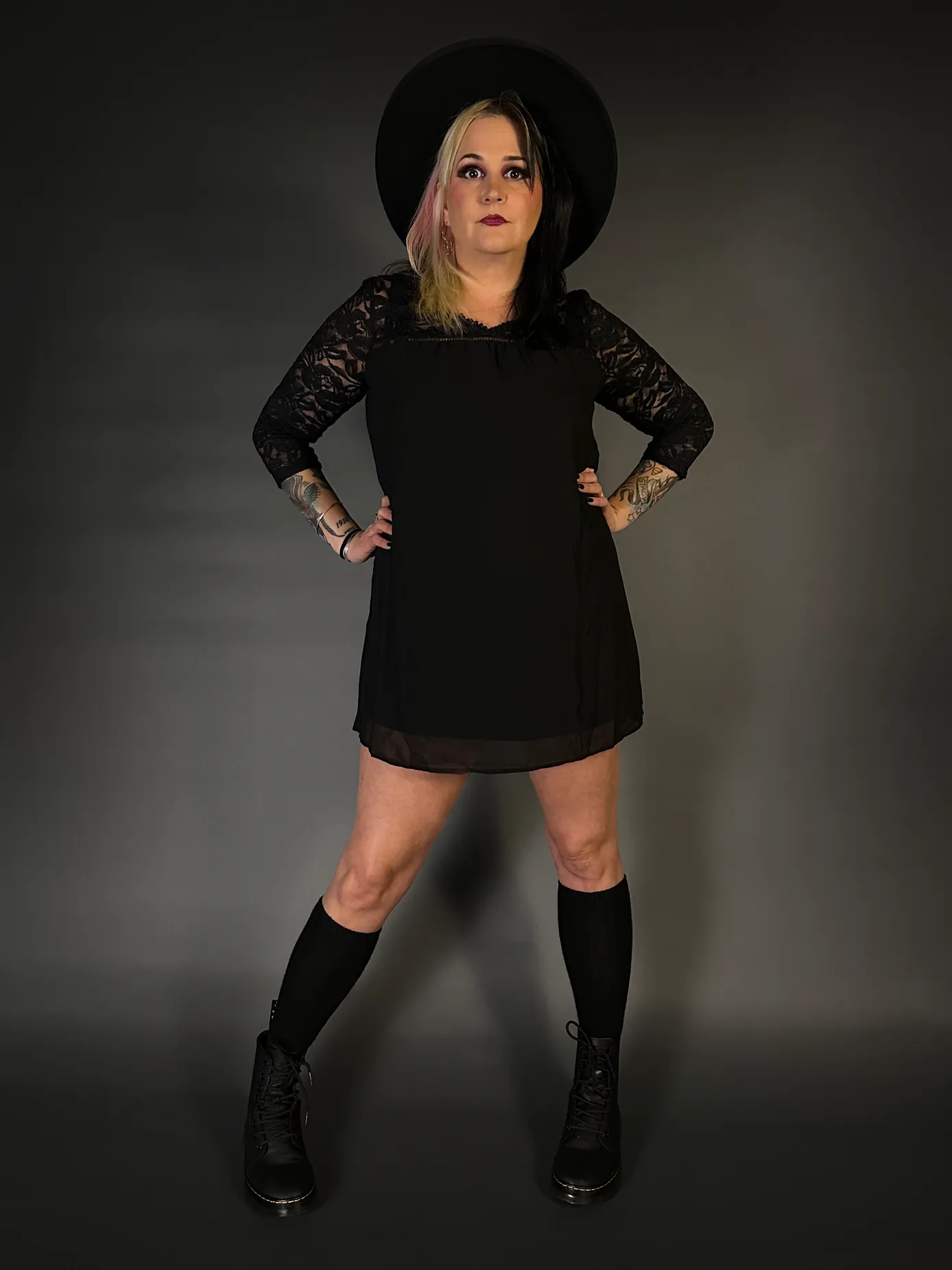 V Neck Lace Yoke Ruched 3/4 Sleeve Goth Mini Dress in Black