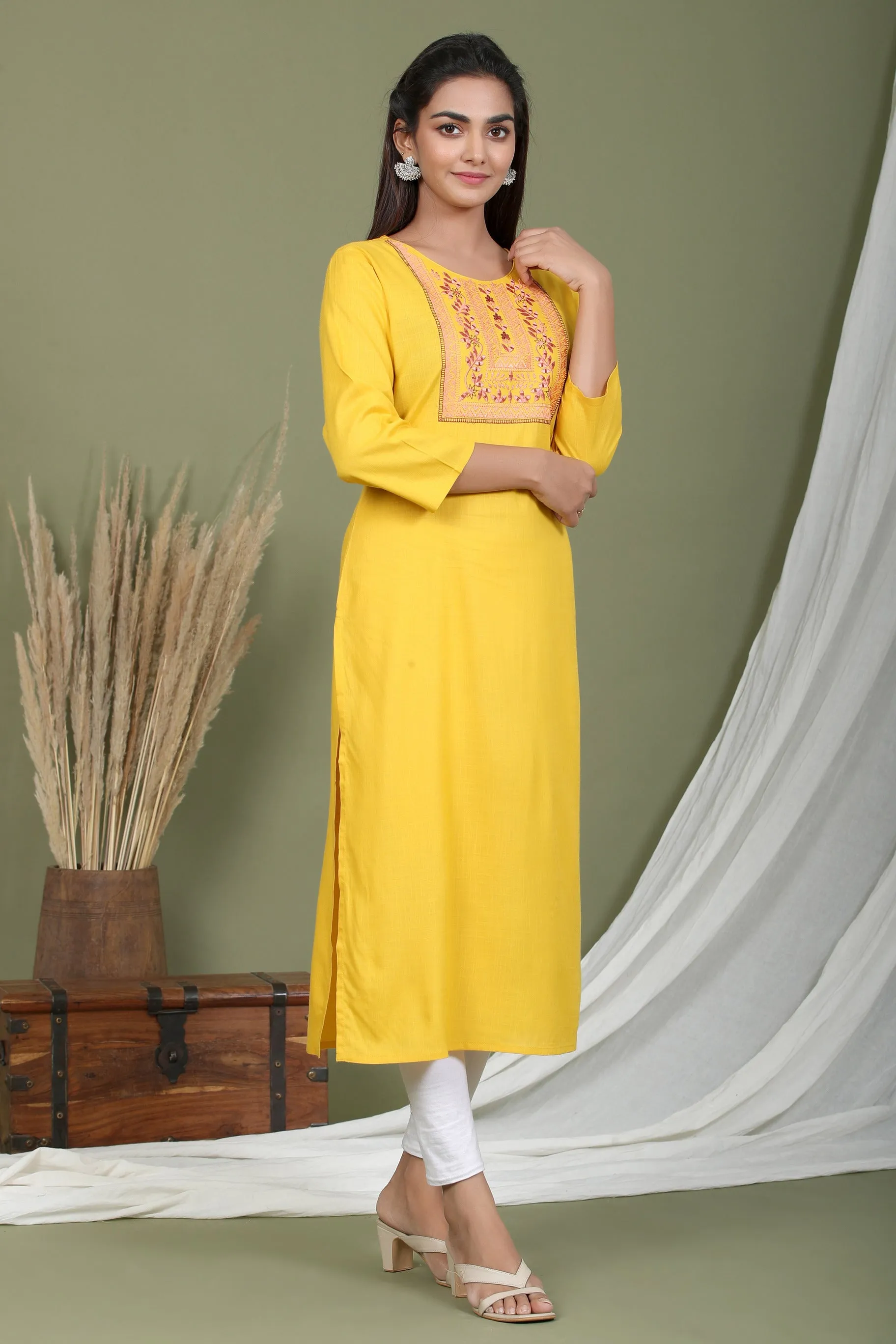 Women Yellow Embroidered Kurta