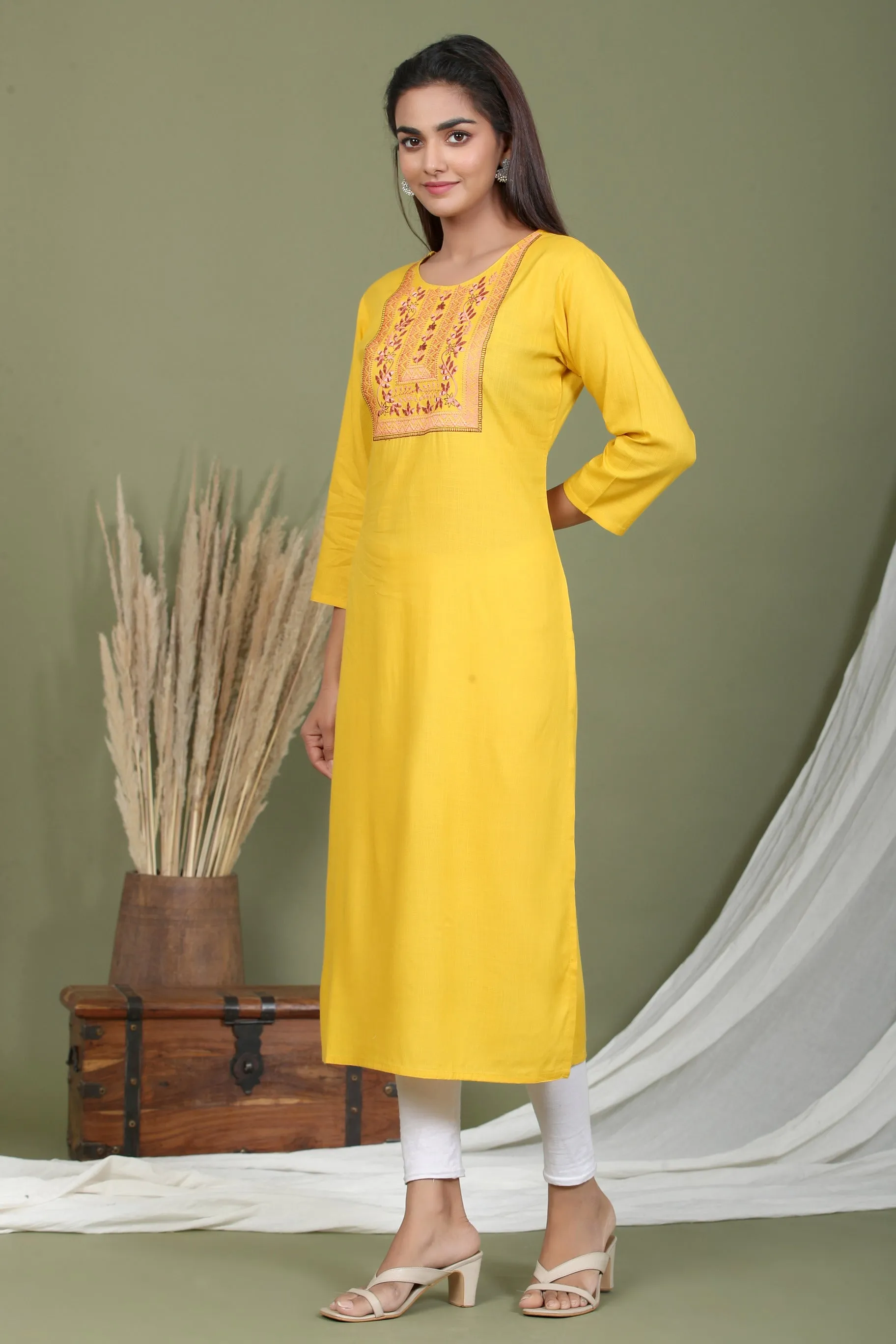 Women Yellow Embroidered Kurta